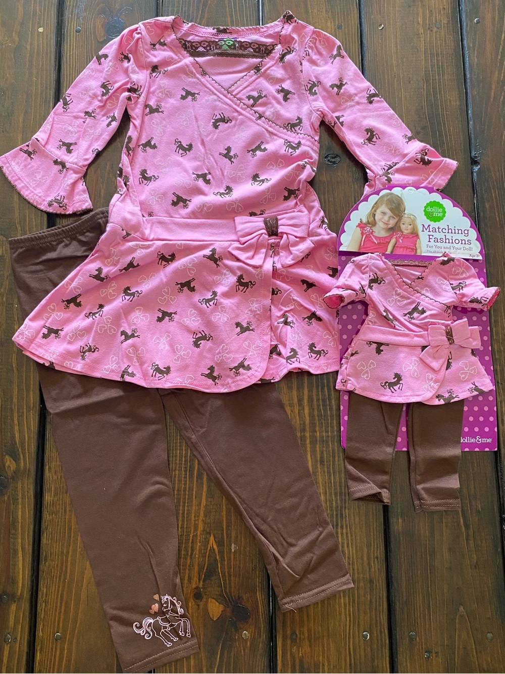 Dollie & Me Horse Print Top w/Brown Leggings. With Matching Doll Outfit. Size 6